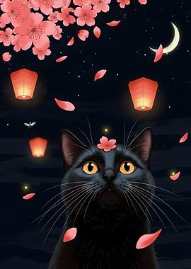 Black Cat with Cherry Blossoms