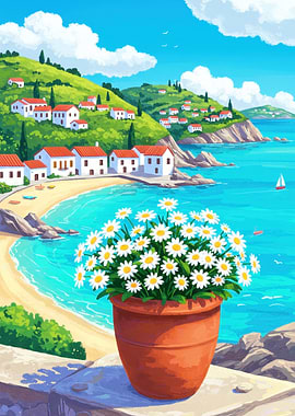 Coastal Village with Daisies in Pot