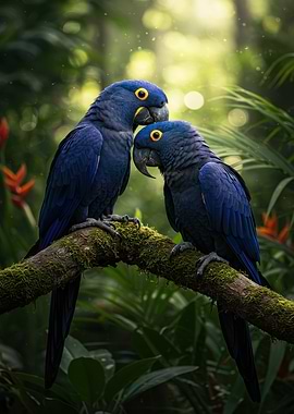 Two Hyacinth Macaws on Mossy Branch
