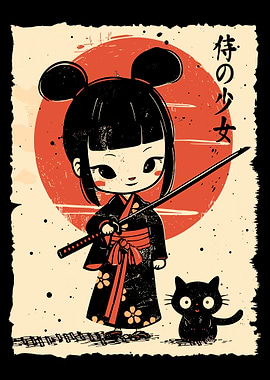 Samurai Girl with Cat