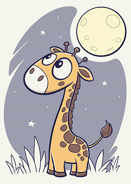 Cartoon Giraffe Gazing at the Moon