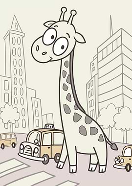 Cartoon Giraffe in Cityscape Illustration