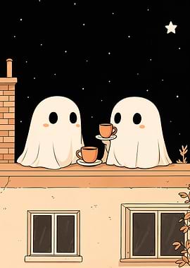 Cute Ghosts Having Tea at Night