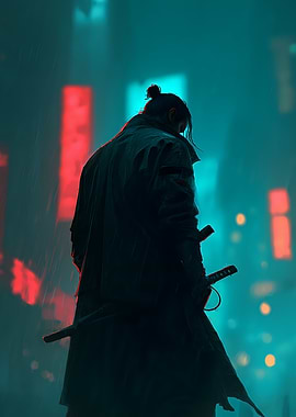 Samurai in a Cyberpunk Cityscape