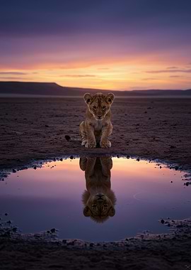 Lion cub reflection at sunset