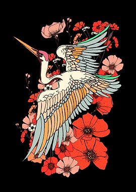 Crane and Floral Illustration on Black