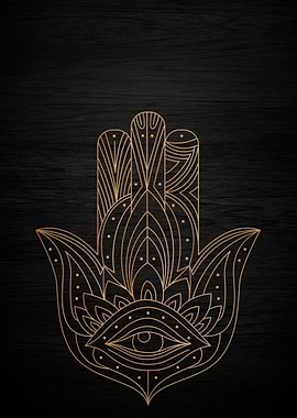 Golden Hamsa Hand on Black Wood