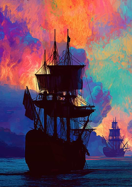 Silhouette of Sailing Ships at Sea