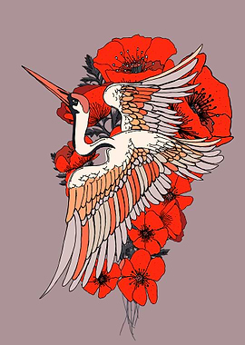 Crane and Poppies Illustration