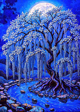 Blue Willow Tree Under Moonlight