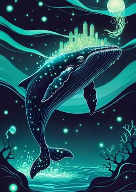 Whale with Cityscape and Jellyfish