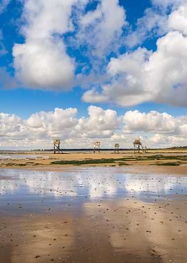 Beach with Cabins and Cloudy Sky - Saint-Michel-Chef-Chef