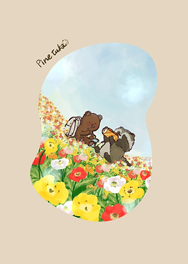 Bear and Raccoon Picnic in Flowers