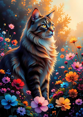 Cat in a field of flowers