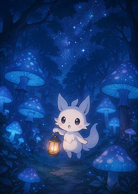 Cute Fox in Mushroom Forest