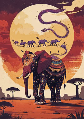 Elephant and Snake on African Plain