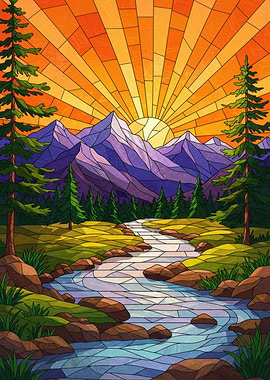 Stained Glass Mountain Landscape