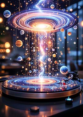 Planets Orbiting from Vinyl Music Record Player Concept Art