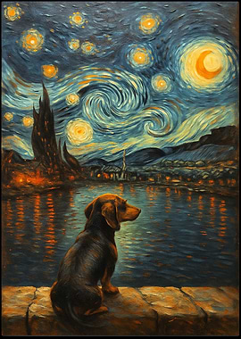 Dachshund Starry Night Painting