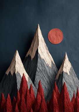 Minimalist Mountain Landscape with Red Trees