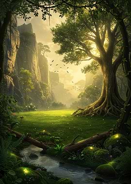 Enchanted Forest Landscape with Stream