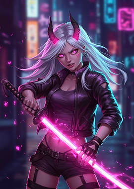 Cyberpunk Demon Girl with Neon Katana