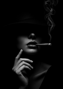 Monochrome Woman with Cigar and Hat