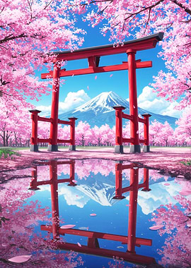 Japanese Torii Gate with Cherry Blossoms