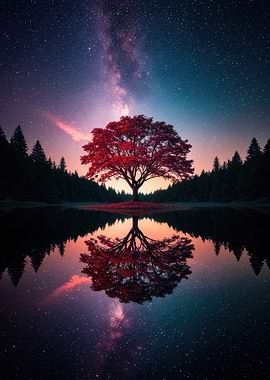 Red Tree Reflection Under Starry Sky