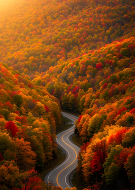 Autumn Road Through Colorful Forest