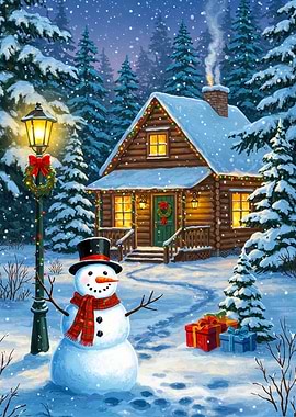 Winter Cabin Scene with Snowman