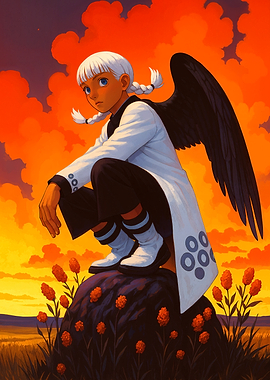 Winged Figure on Hill at Sunset