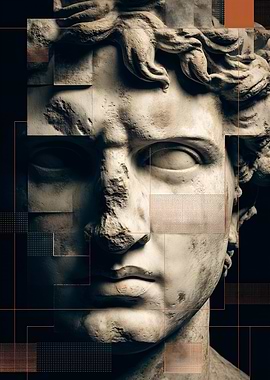 Fragmented Sculpture Portrait with Geometric Overlay