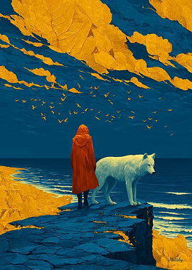 The One Who Watched the Birds – Figure and Wolf at the Edge of Light