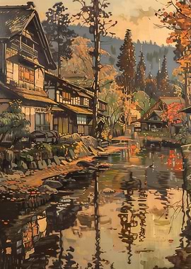 Japanese Village by River in Autumn