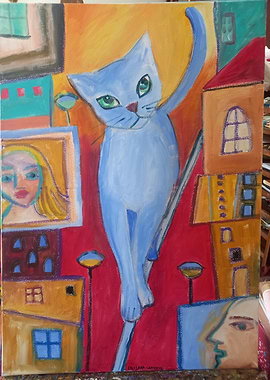 Blue Cat in Abstract Cityscape Painting