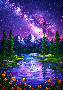 Stained Glass Night Landscape