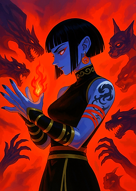 Blue-skinned sorceress with fire magic