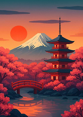 Japanese Pagoda with Mount Fuji