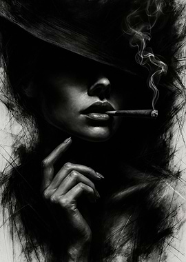 Monochrome Woman with Cigar and Hat