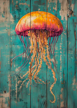 Jellyfish on Teal Wood | Beach House Decor