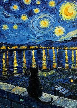 Black Cat Starry Night Painting