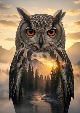 Owl and Mountain Landscape Double Exposure