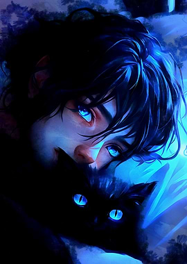 Boy and Black Cat with Blue Eyes