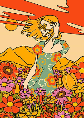 Retro Floral Woman in Field, floral woman