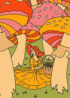 Mushroom Forest Picnic, retro 70s art poster