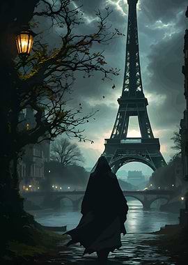 Eiffel Tower and Cloaked Figure