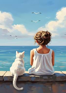 Girl and Cat by the Sea