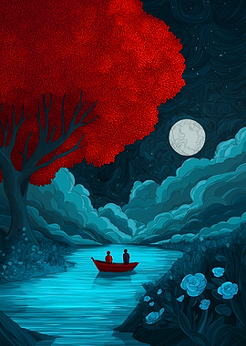 Red Boat Under Moonlight