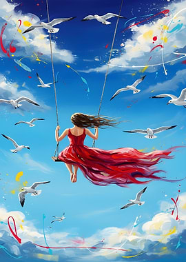 Girl on Swing with Seagulls